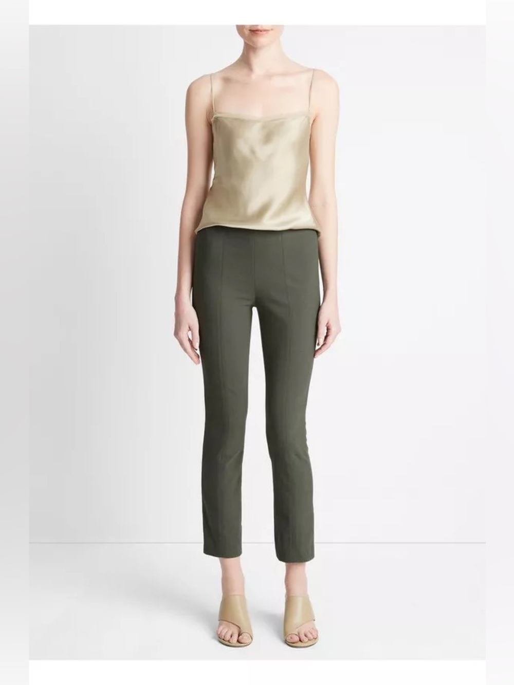 Vince Italian Cotton-Blend Stitch-Front Seam Legging in Green Sz Large